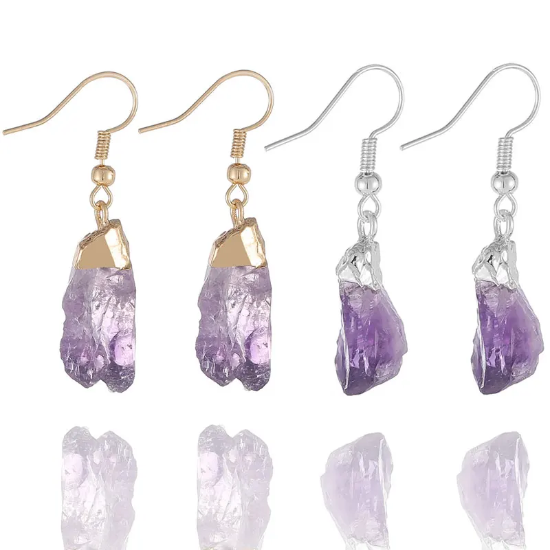 Irregular Natural Unpolished Raw Quartz Purple Crystal Dangle Earrings for Women Healing Stone Jewelry