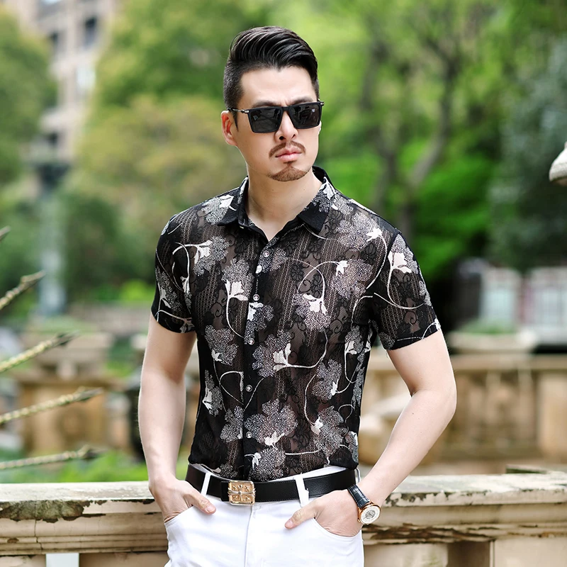 Men Sexy Mesh Shirts Summer See Through Clothes Short Sleeve Male Transparent Clubwear