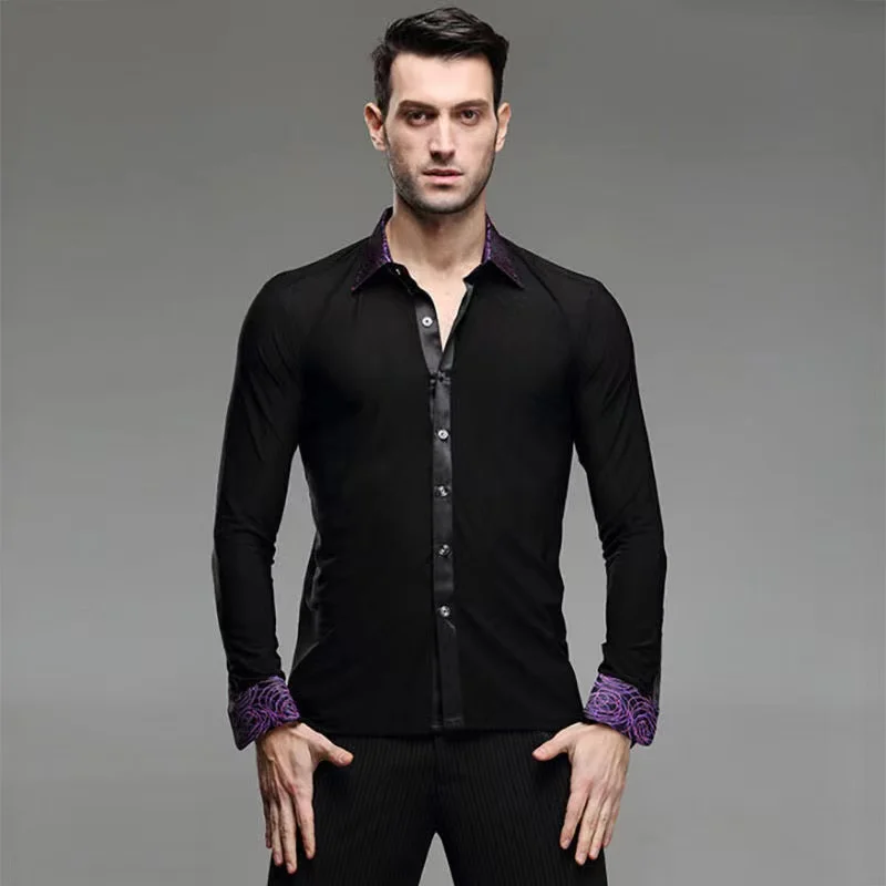 Mens Dance Tops Spring Latin Ballroom Modern Tango Samba National Standard Competition Long Sleeve Dancewear Top Shirt For Man