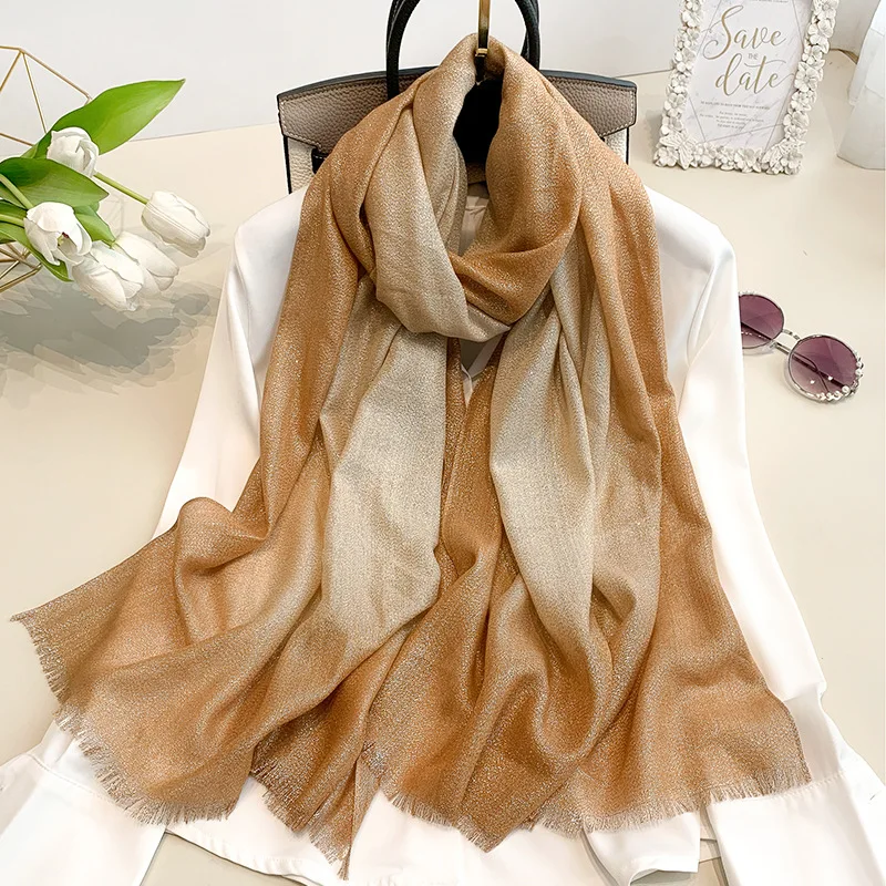 Fashion Gradient Lurex Viscose Scarf Women Plain Ombre Glitter Fringe Shawl Lady Shimmer Hijabs and Wraps Bufandas Muslim Sjaal