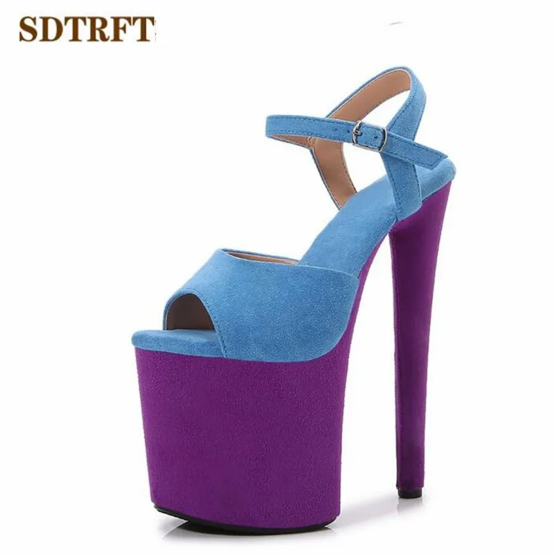 SDTRFT Multicolor Fashion Shoes Woman Platforms Pumps Open Toe 20cm Ultra Thin High Heels Platform Flock Color matching Sandals