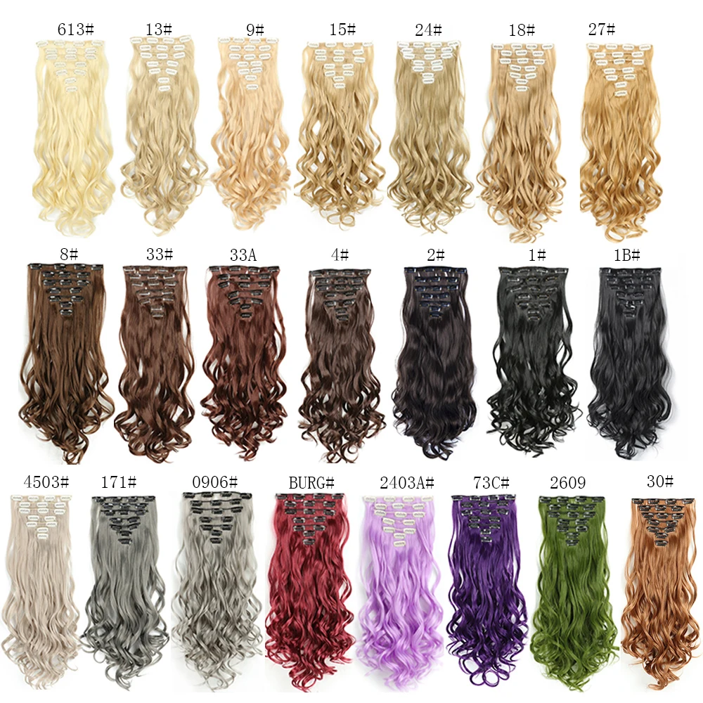 16 Clips In Hair Extensions Ombre Blonde Black Gray 22 Inch Long Synthetic Wavy Hair Heat Resistant False Hairpiece For Women