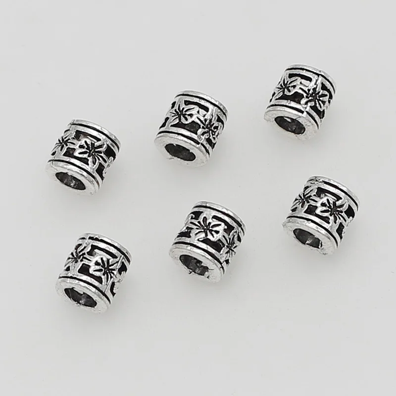 50pcs/Lot Antique Silver Color Flower Tube Loose Beads 6x6mm Bracelets Hair Beards Big Hole Spacer Beads DIY Jewelry Accessories