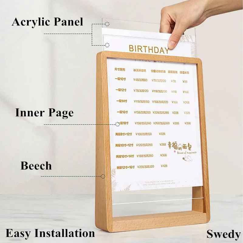 7 Inch 127x178mm Solid Wood Wedding Baby Photo Picture Frame Menu Paper Price List Table Acrylic Sign Holder Display Stand