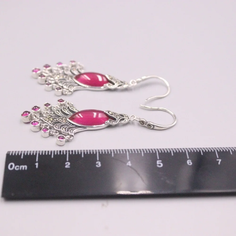 Genuine Real 925 Sterling Silver with Marquise Red Chalcedony Dangle Earrings 2.2inch Length