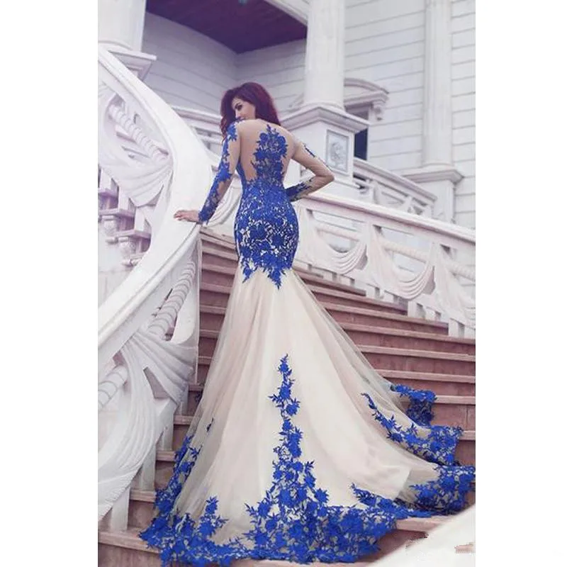 فساتين لحضور الحفلات الموسيقية 2020 وصول vestidos de gala طويلة الأكمام الدانتيل الأزرق الملكي يزين فساتين السهرة حورية البحر فساتين حفلات حفلة موسيقية