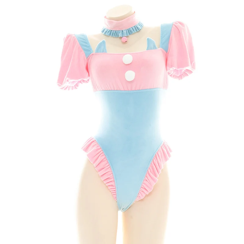 Sukumizu – pyjama de soirée en peluche rose et bleu pour femmes, ensemble de Lingerie à volants pour filles, vêtements de nuit mignons, dessin animé, Cosplay