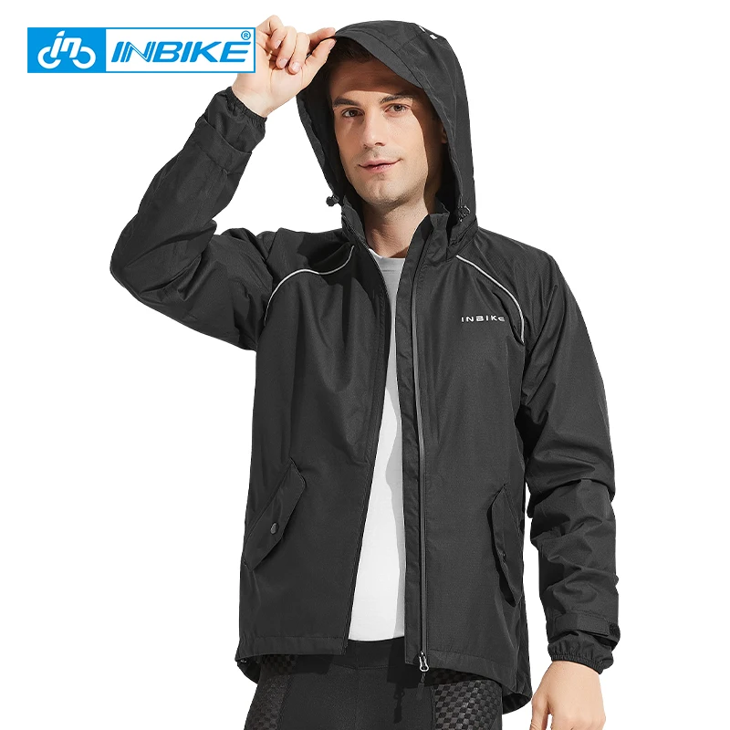 INBIKE Cycling Rain Jackets Men with Hooded Waterproof Bicycle Jackets MTB Road Raincoat for Cycling Reflective Bike Clothing