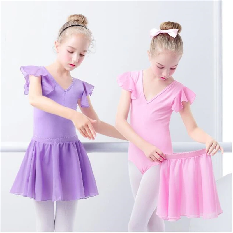 Girls Ballet Dress Gymnastics Leotard Short Sleeve Skirted Ballet Clothing Dance Wear With Chiffon Skirts