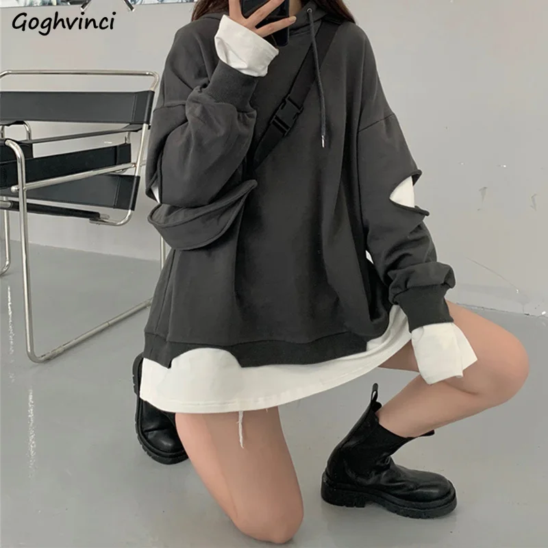 Women with Hat Hoodies Trendy Hollow Out Asymmetrical Sweatshirts Fake 2 Piece Drawstring Pullover Loose Casual Streetwear Chic