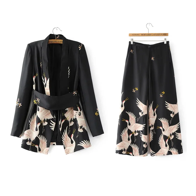 2020 Women Vintage Crane print style kimono jacket office lady retro knotted belt coat casual slim loose Tops