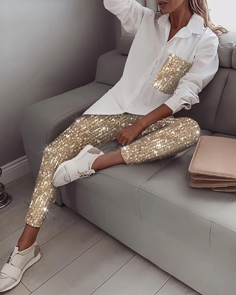 Sequin Long Sleeve Shirt & Glitter Shiny Pant Sets Women 2021 autumn new fashion suit