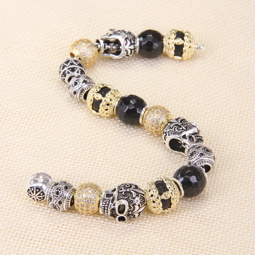 Ts Gold Color 12MM Bead Bracelet With SKULL Love Knot Beads, Rebel Heart Bracelet Jewelry For Women and Men TS B600