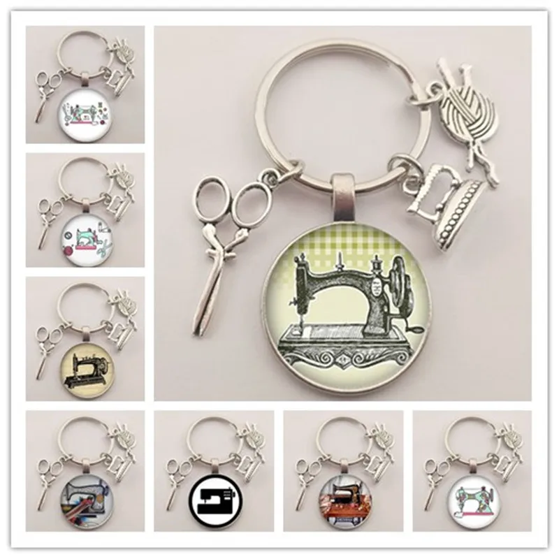Vintage sewing machine keychain scissors keychain glass round art picture keychain handmade jewelry gift