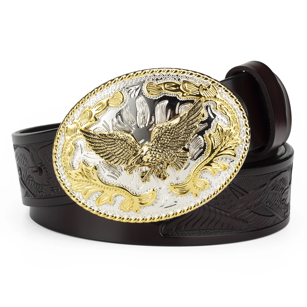 Ceinture en cuir en alliage d'or pour homme, en relief, à la mode, de luxe, pour cowboy occidental, double document