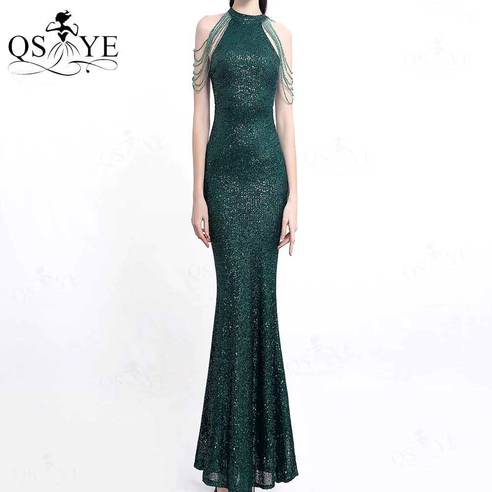 Halter Neck Green Prom Dresses Sequin Long Evening Gown Beading Shoulder Fitted Prom Gown Glitter Sequin Emerald Women Gown