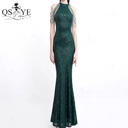 Halter Neck Green Prom Dresses Sequin Long Evening Gown Beading Shoulder Fitted Prom Gown Glitter Sequin Emerald Women Gown