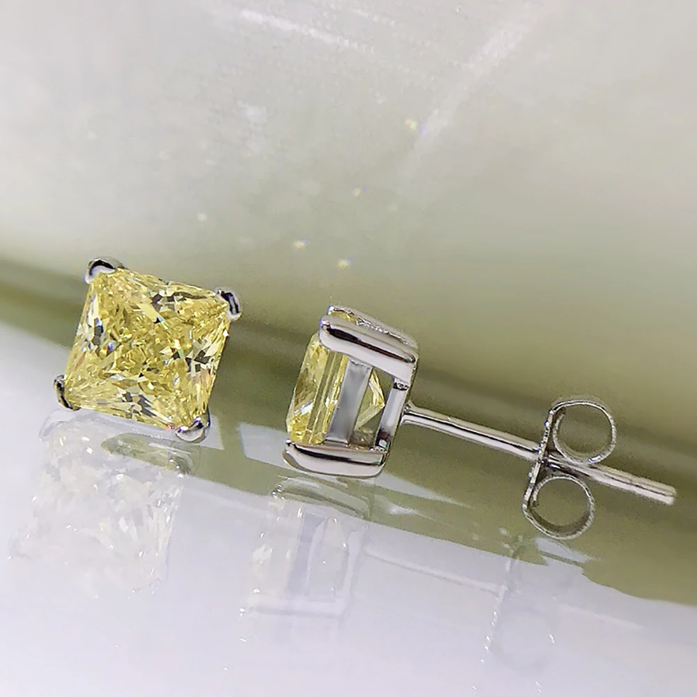 2021 Trend 100% 925 Sterling Silver Gemstone Stud Earrings for Women Luxury 6*6 Topaz Wedding Party Earrings Fine Jewelry Gift