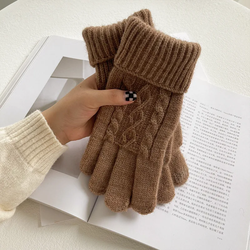 Simple Style Fashion Plus Velvet Thicken Women Winter Keep Warm Touch Screen Pattern Knitted Wool Gloves Elasticity Soft Mittens