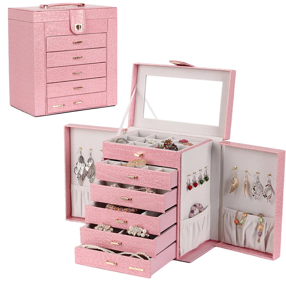 

Pink Large Jewelry Box Velvet Display Organizer Girls Gift Necklace Earrings Rings Storage Case Jewellery Mirror Cabinet ROWLING