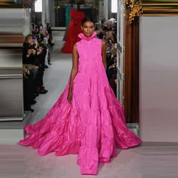 New Arrival Fluffy Party Dresses Taffeta vestido do fiesta Hot Pink Fashion Ruffle Women Formal Dresses With Pockets