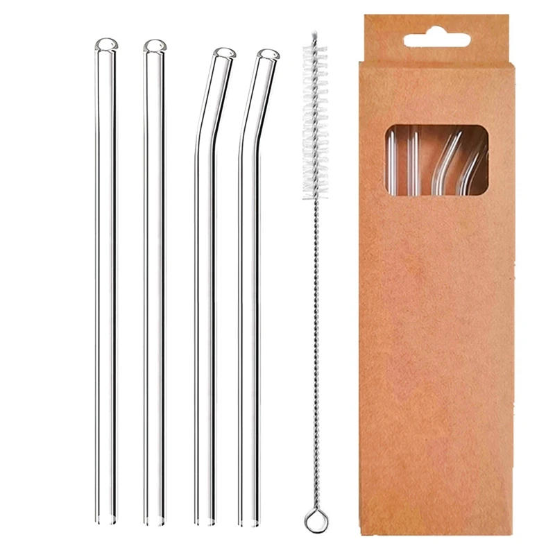 4 Pcs Reusable Glass Straws 8mm Straight Bent Glass Drinking Straws Eco Friendly Cocktail Straws for Beverages Milk Coffee