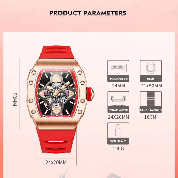 

HANBORO Men Luxury Watch Mens Automatic Watches 50m Water Resistant Luminous Mechanical Wristwatch Rubber Strap Tonneau Case