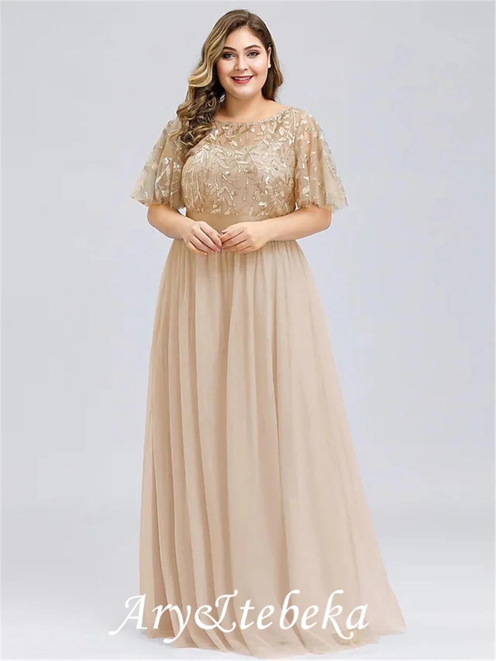 A-Line Plus Size Prom abito da sera formale gioiello collo manica corta lunghezza pavimento pizzo Chiffon con applicazioni 2022