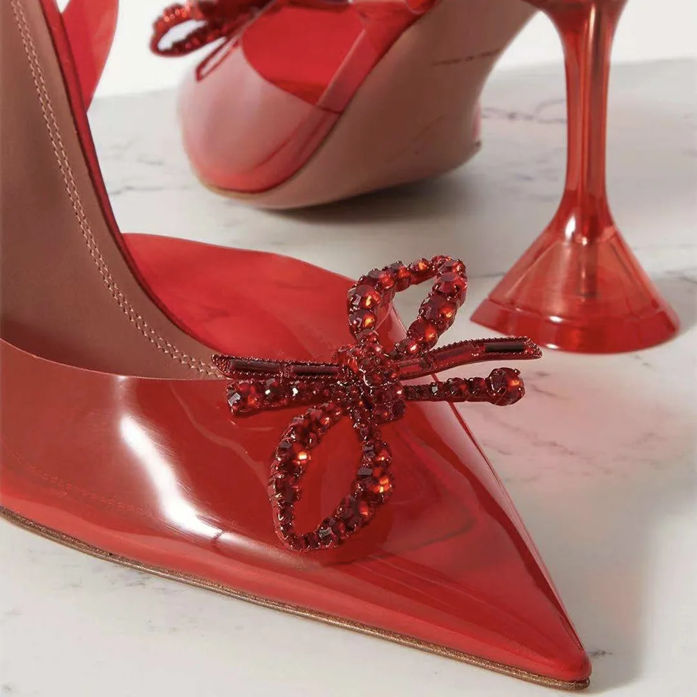 Bombas de bowknot strass para mulheres, salto alto, pvc, slingback, sapatos de gelatina, senhoras, casamento, sapatos de noiva, sexy, claro, marca de moda, verão