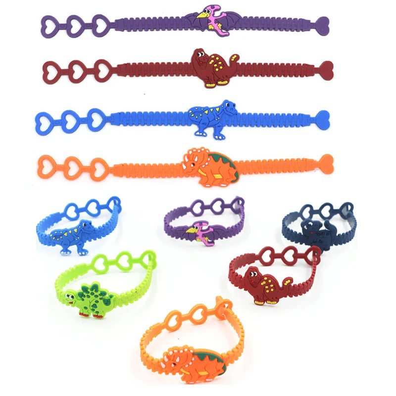 12pcs amore per bambini Cartoon Dinosaur Unicorn Bracelet Hand Band Silicone tre fori Peach Heart bracciale regolabile