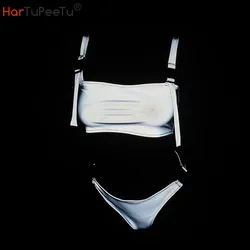 2022 Summer Women Sexy Reflective Bikini Set Mujer Club Push Up Two-Piece Bathing Suit Hasp Unpadded Biquini Female Swimsuit