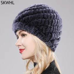 2024 Outdoor Winter Good Elastic Real Fur Hat Women Knitted Natural Rex Rabbit Fur Skullies Cap Warm Soft Real Fur Beanies Hats