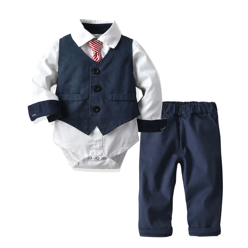 Baby Boy Formal Set Clothing with Tie Navy Vest Romper Pants for 9-36 Months Kids Suits Party Birthday Gentleman Clothes