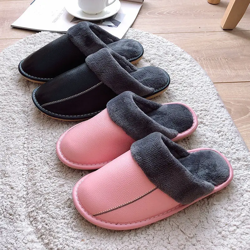 2021 Fashion furry slippers women indoor shoes couples house genuine leather slippers female fur slides winter slippers