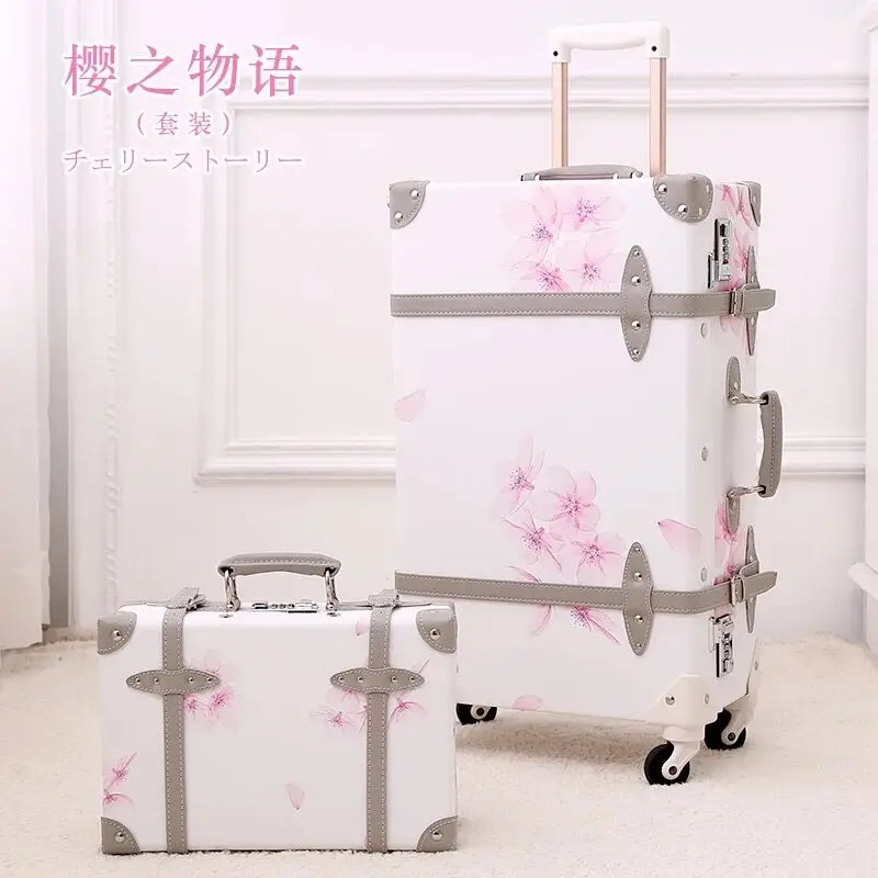 Hot!New Women 2PCS/SET Vintag PU Cherry blossoms Rolling Luggage sets,Men 13