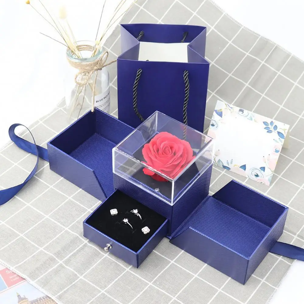 

Valentine's Day Unfading Dried Flower Design Ring Gift Craft Jewelry Display Holder Transparent Acrylic Eternal Rose Gift Box