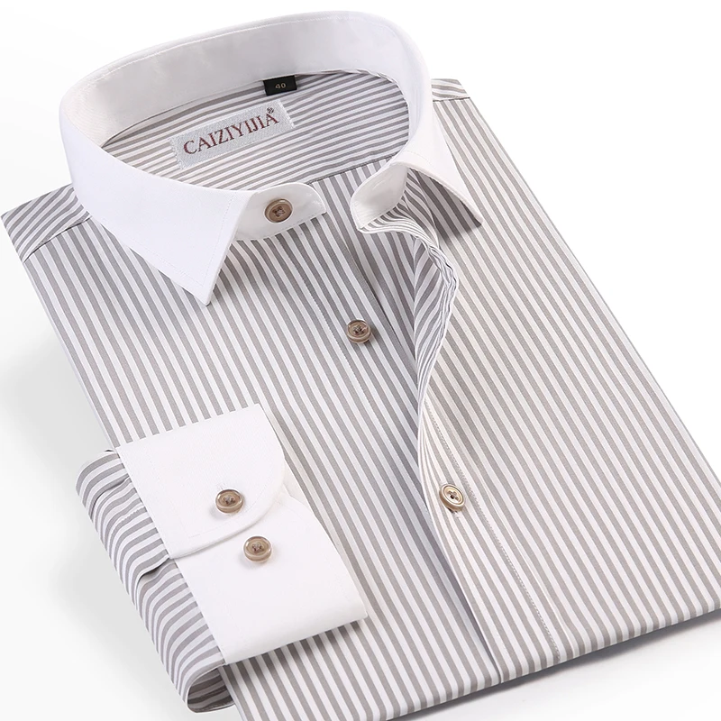 Contrast Collar and Cuff Men\'s Vertical Striped Dress Shirts Pocketless Casual Long Sleeve Button-down Non Iron Cotton Shirt