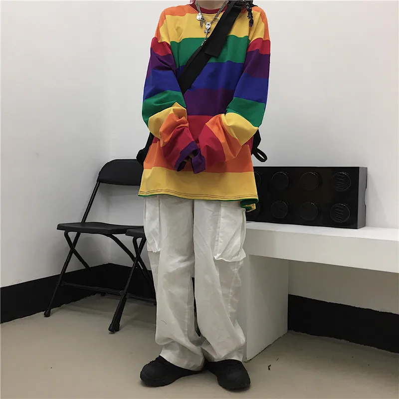 Rainbow Striped Women T Shirts Harajuku Fashion Female Tops Long Sleeves Oversize Woman Tshirt O-Neck Casual Female T-shirts