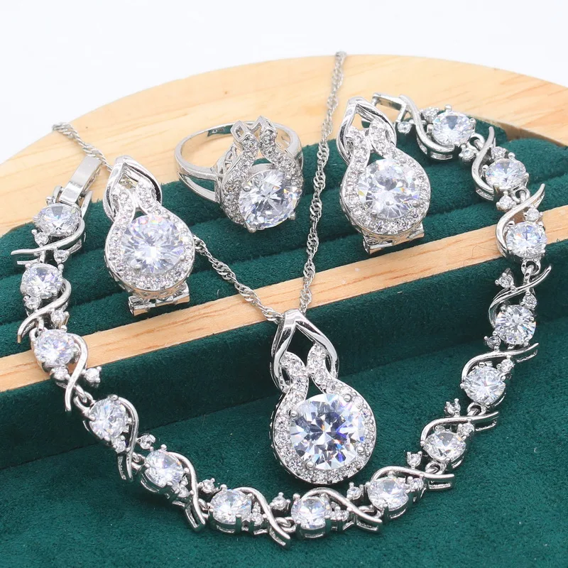 Classic 925 Silver Jewelry Sets For Women White Zircon Bracelet Earrings Necklace pendant Ring Free Christmas Gift Box 4PCS