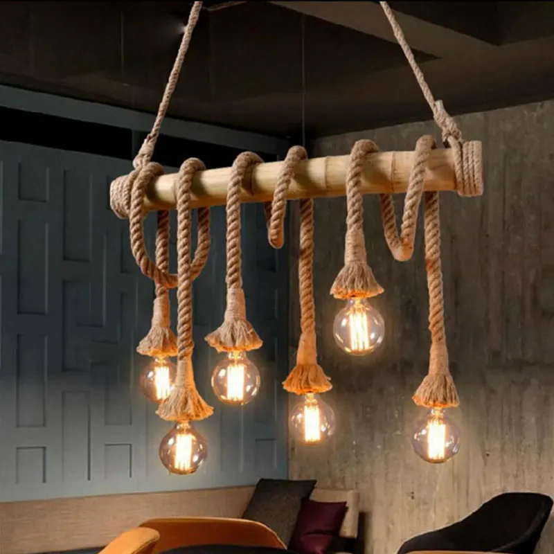 

Retro Hemp Rope Pendant Lights Vintage Loft Industrial Bamboo Rattan Led Hanging Lamp Dining Room Bar Cafe Kitchen Home Decor