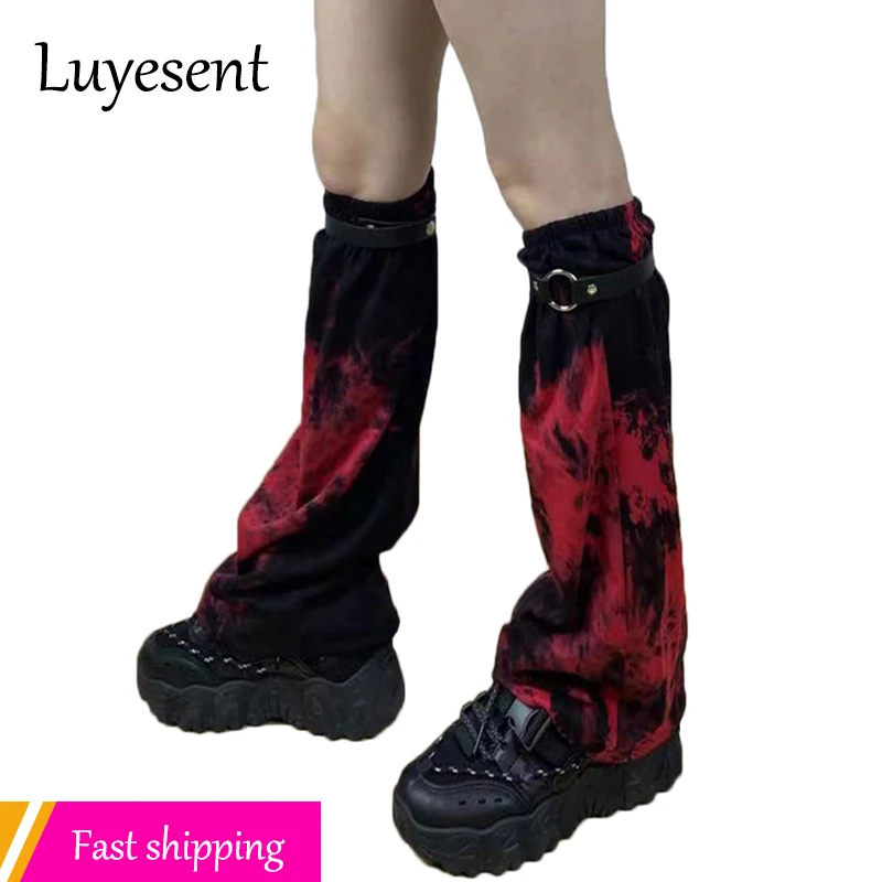 

Punk Girl Goth Leg Warmer Black Red Tie Dye Lady Ninja Harajuku Gothic Foot Covers PU Strap Long Sock Korean Fashion Streetwear