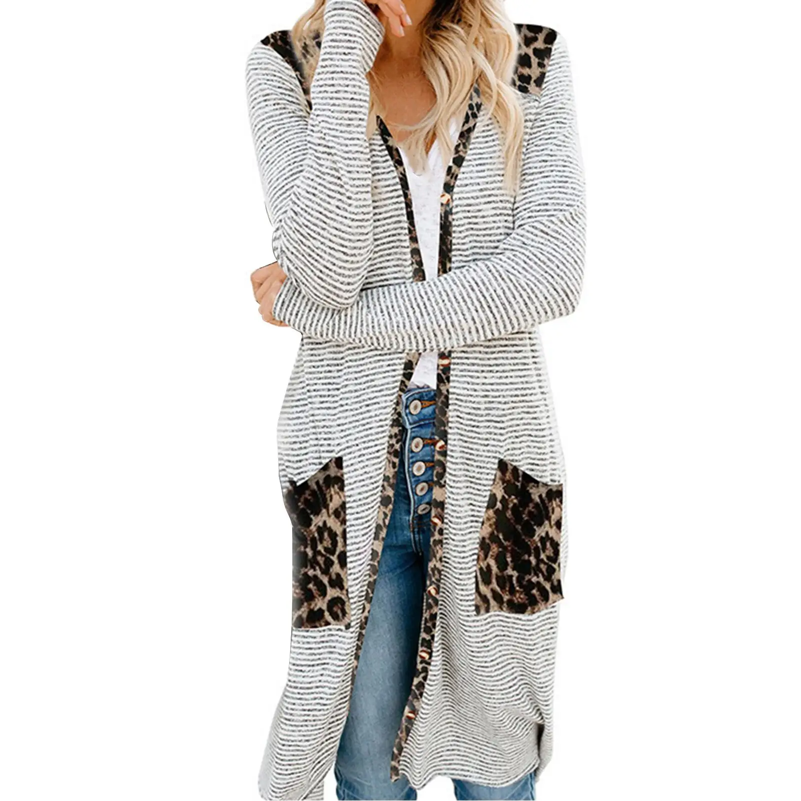 

2021 Long Cardigan Women Jacket Long Sleeve Open Stitch Top Leopard Camouflage Pocket Female Woolen Coat Long