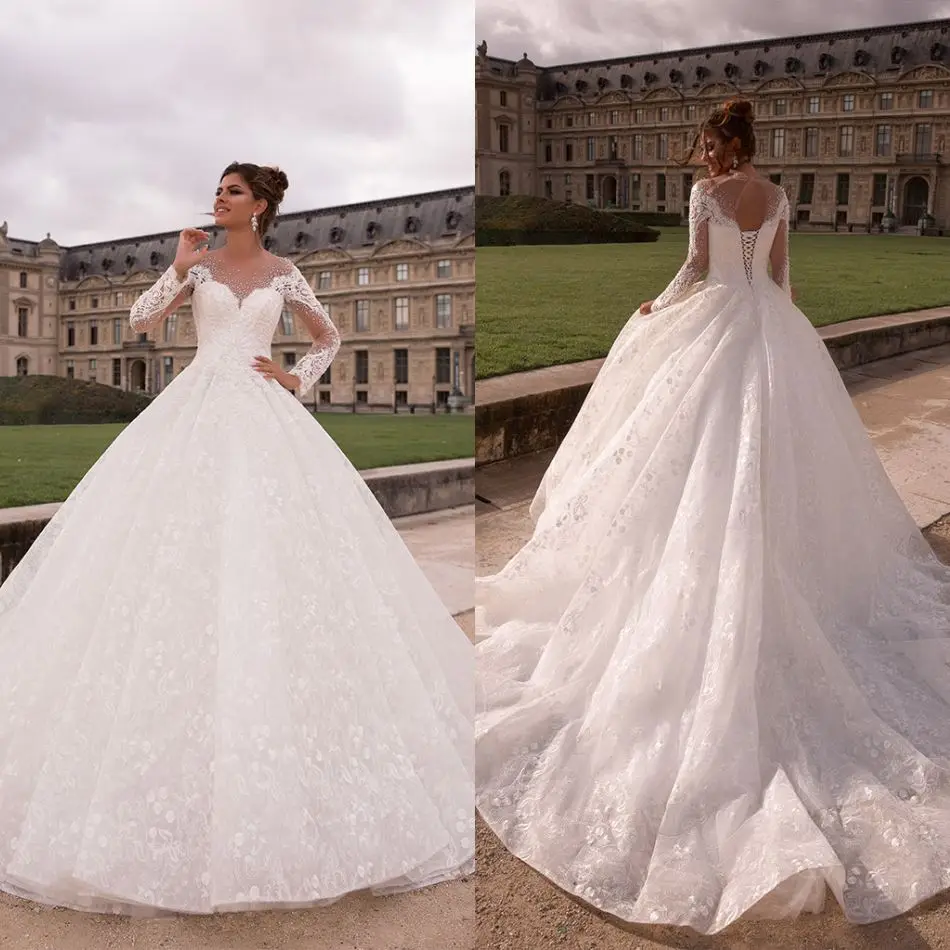 

2020 Wedding Dresses O-Neck Long Sleeve Beads Appliques Lace Bridal Gowns Custom Made Lace-up Back Sweep Train Wedding Dress