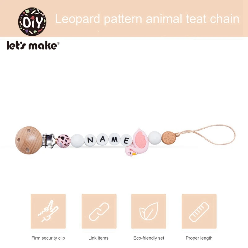 Let's Make 5PC Custom Baby's Name Pacifier Chain Leopard Silicone Holder For Nipples Personalized Pacifier Clip Baby Teether