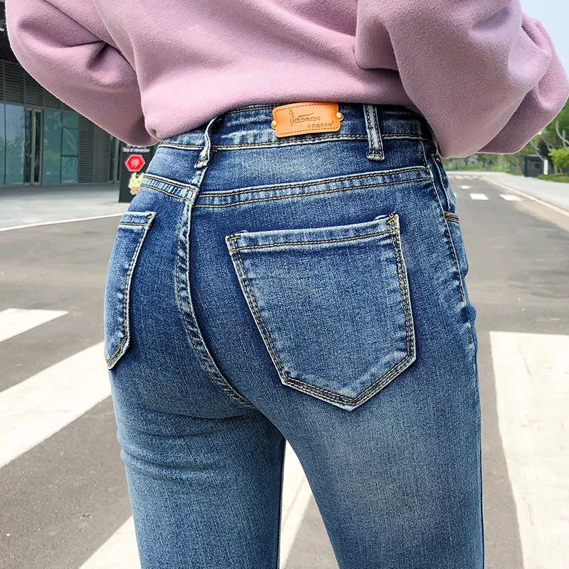 NOWOŚĆ Kobiety Rozciągliwe Wysoka Talia Klasyczne Retro Jeansy Odzież Damska 38 40 Skinny Pants Push Up Legginsy Mom Jeans Spodnie ołówkowe