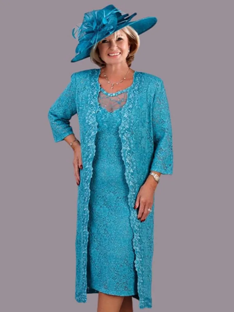 Turquoise Lace Mother of the Bride Dresses 2021 with Wrap Plus Size Tea Length Wedding Party Gowns Vestidos De Novia Madrinha