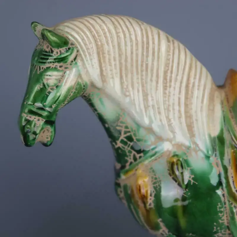 Chinese Antique Imitation Tang Tri-Color Glazed Ceramics Green War Horse Porcelain Statue 8.27 inch