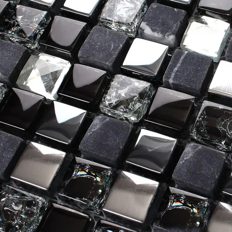 Black Crystal Mirror Glass Gray Stone Mosaic Kitchen Backsplash Tile SGMT165 Silver Diamond Bathroom Glass Wall Tile