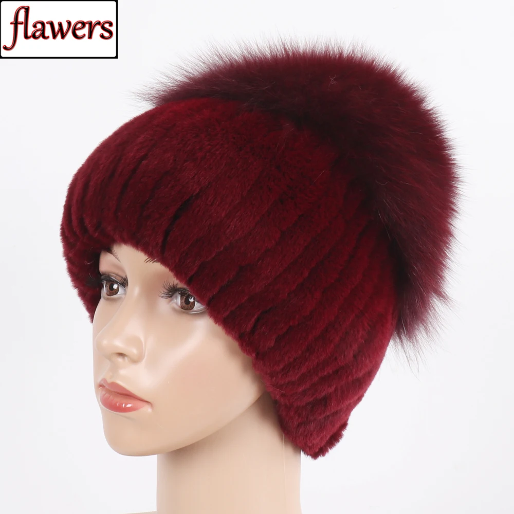 

Hot sale Winter Outdoor Women Real Rex Rabbit Fur Hat For Natural Knit Fox Fur Cap Lady Warm 100% Genuine Rex Rabbit Fur Hats
