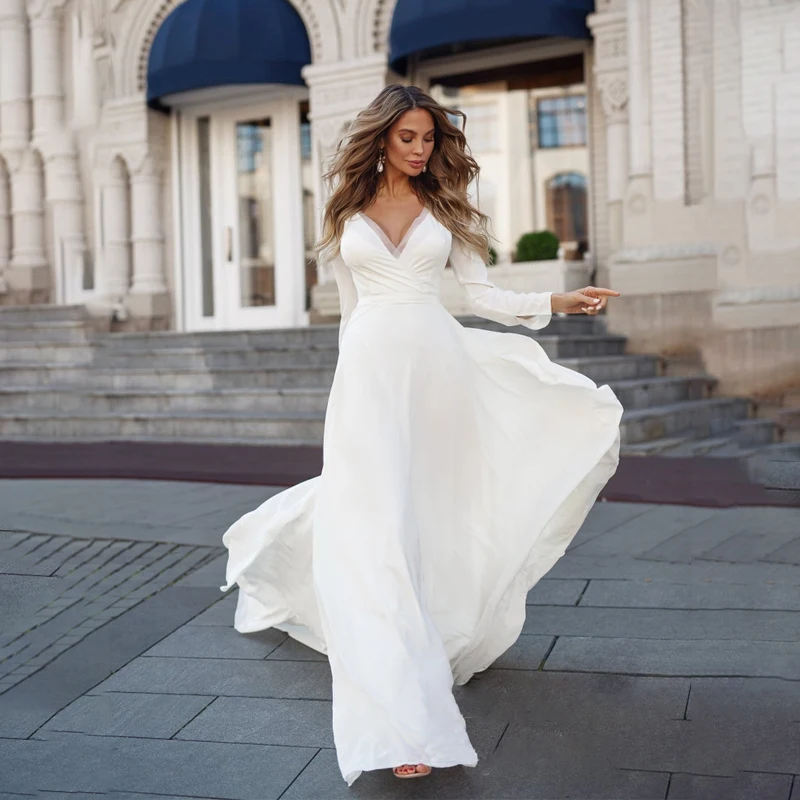 

Puffy Long Sleeve Chiffon Boho Wedding Dresses Vestido Sexy A Line Bridal Wedding Gown V-Neck Illusion Back Bridal Gowns